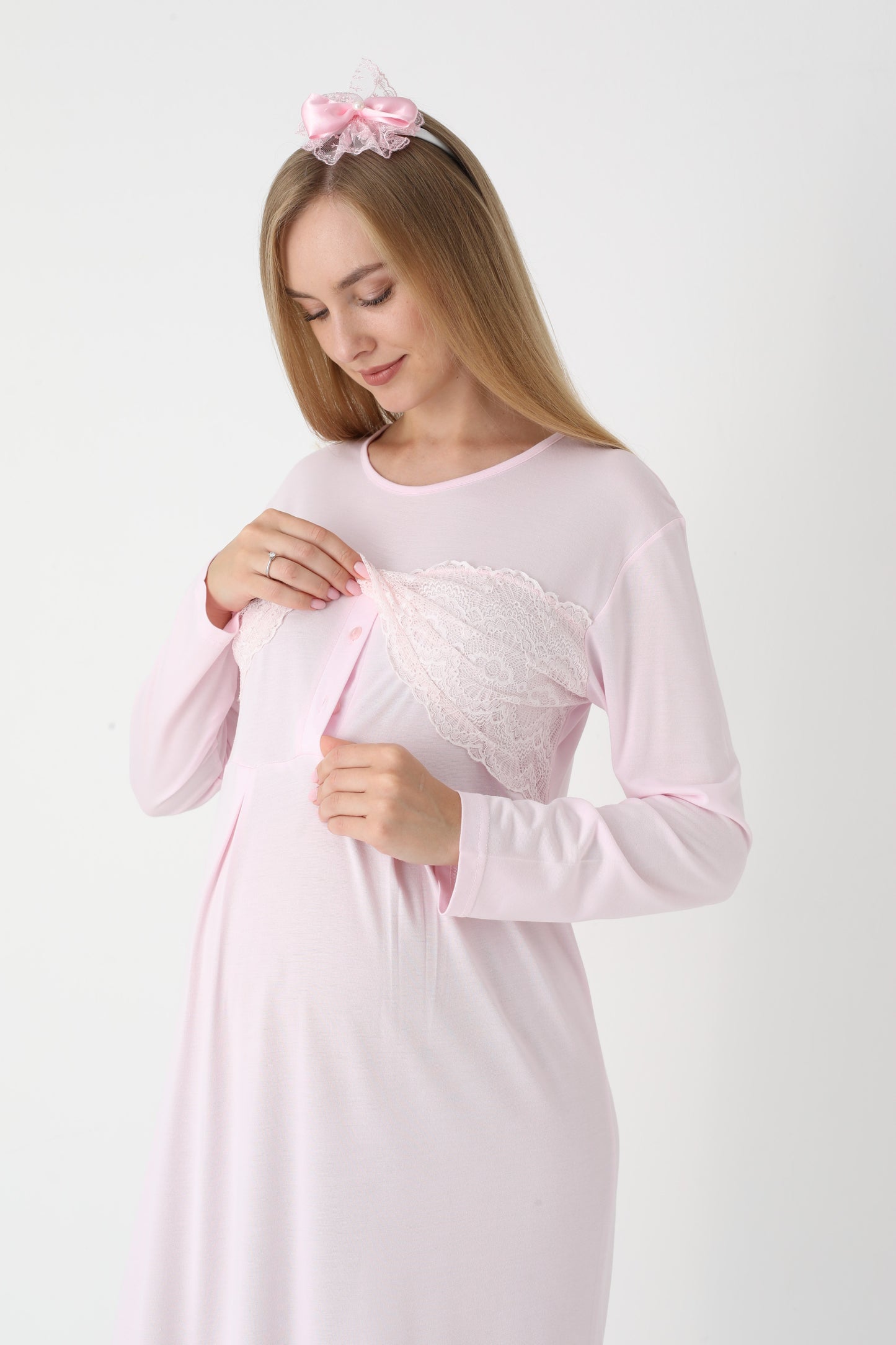 Uzun Kollu Dantel Detaylı Sabahlıklı Lohusa Hamile Gecelik -2301