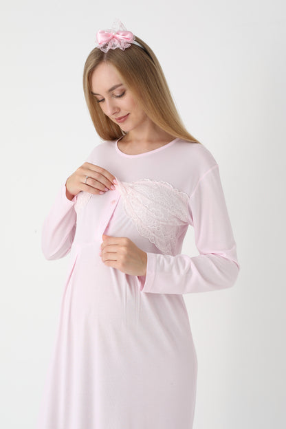 Uzun Kollu Dantel Detaylı Sabahlıklı Lohusa Hamile Gecelik -2301