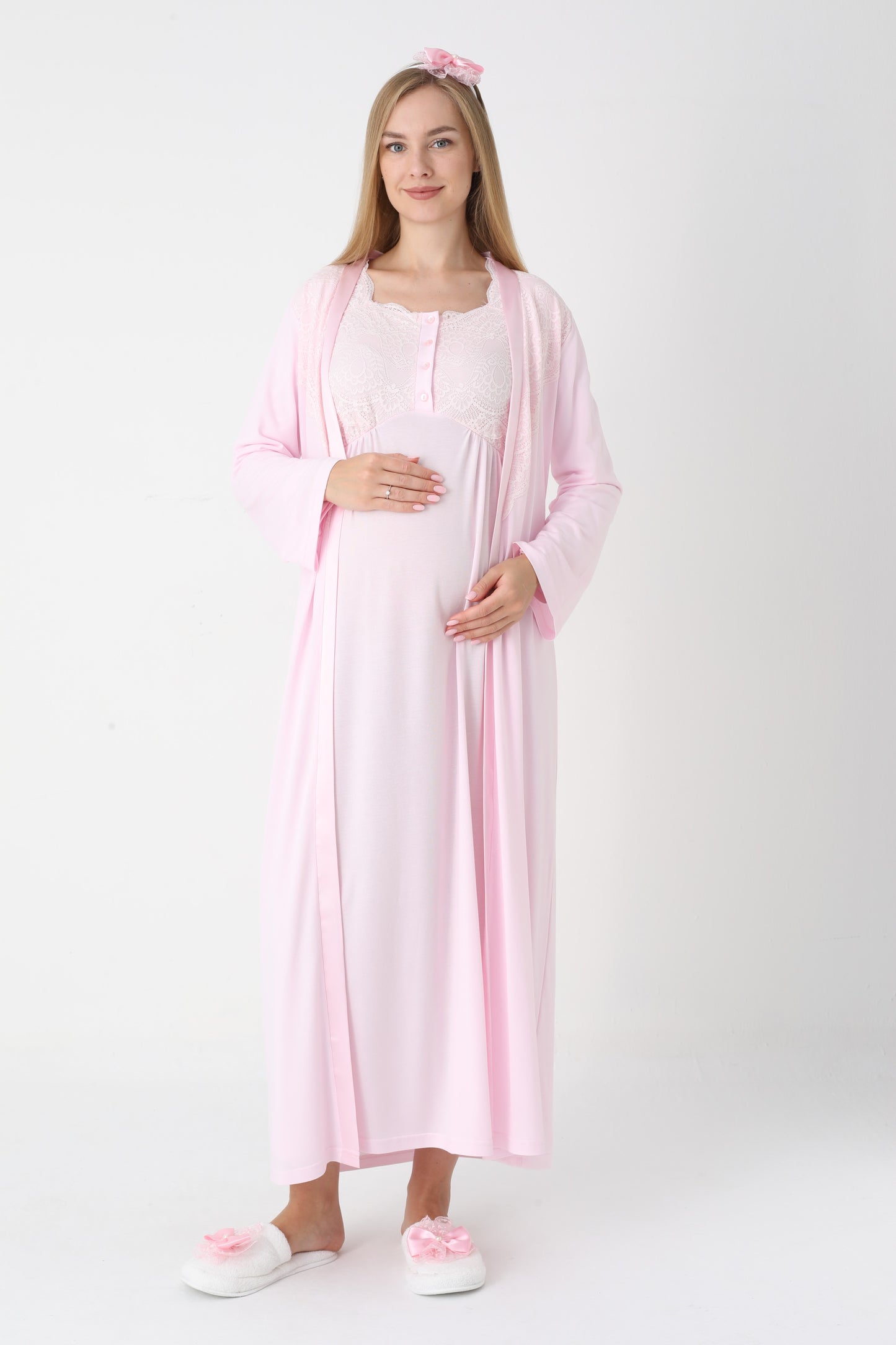 Uzun Kollu Dantel Detaylı Önden Düğmeli Sabahlıklı Lohusa Hamile Gecelik -2302