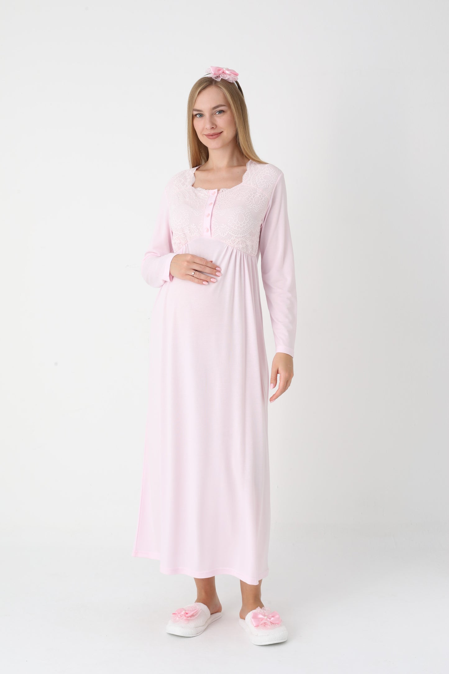 Uzun Kollu Dantel Detaylı Önden Düğmeli Sabahlıklı Lohusa Hamile Gecelik -2302