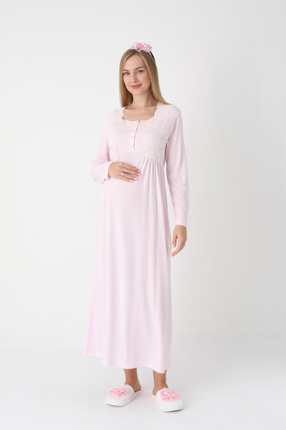 Uzun Kollu Dantel Detaylı Önden Düğmeli Sabahlıklı Lohusa Hamile Gecelik -2302