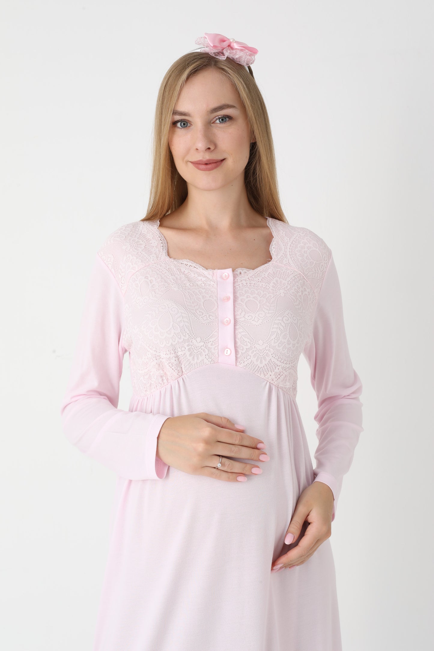 Uzun Kollu Dantel Detaylı Önden Düğmeli Sabahlıklı Lohusa Hamile Gecelik -2302