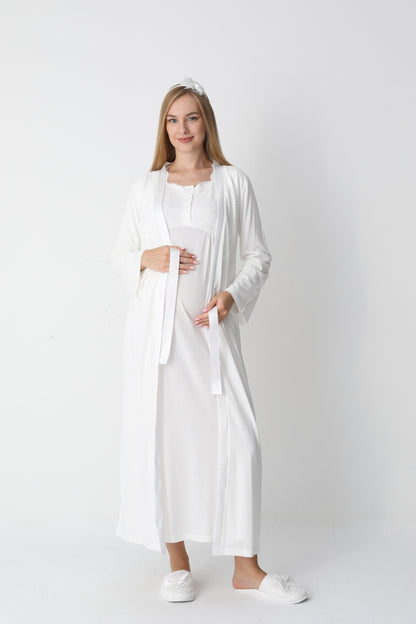 Uzun Kollu Dantel Detaylı Önden Düğmeli Sabahlıklı Lohusa Hamile Gecelik -2302