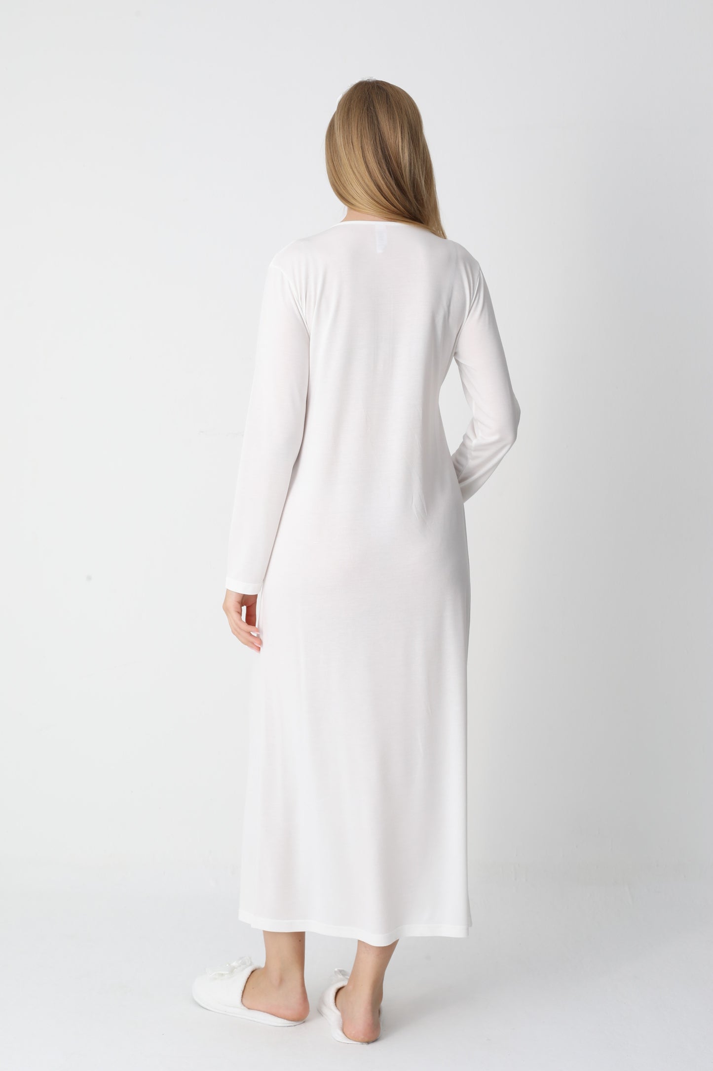 Uzun Kollu Dantel Detaylı Önden Düğmeli Sabahlıklı Lohusa Hamile Gecelik -2302