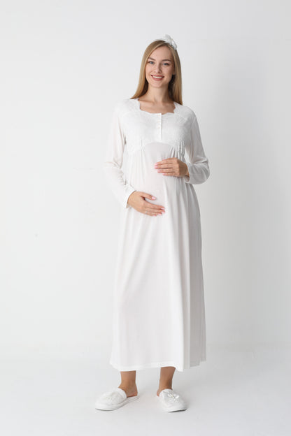 Uzun Kollu Dantel Detaylı Önden Düğmeli Sabahlıklı Lohusa Hamile Gecelik -2302