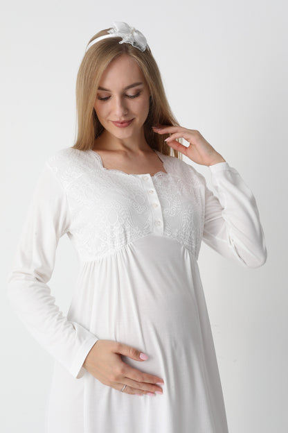 Uzun Kollu Dantel Detaylı Önden Düğmeli Sabahlıklı Lohusa Hamile Gecelik -2302