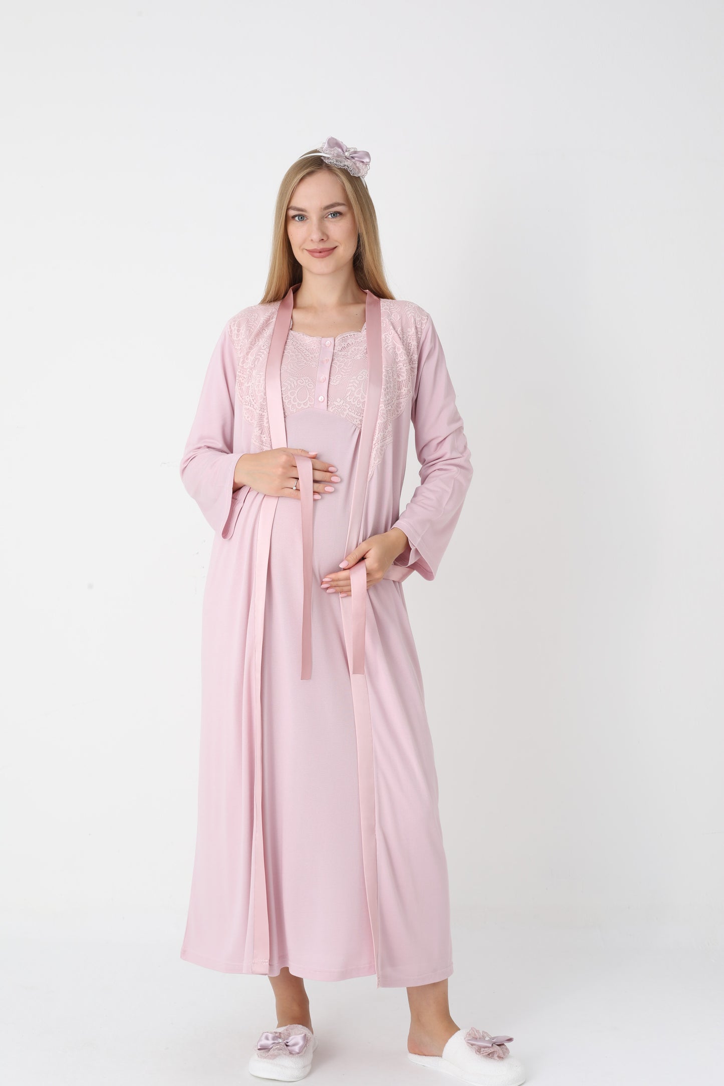 Uzun Kollu Dantel Detaylı Önden Düğmeli Sabahlıklı Lohusa Hamile Gecelik -2302