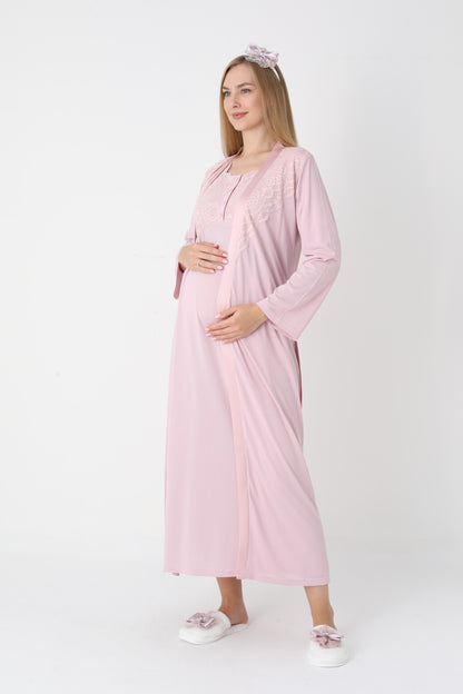 Uzun Kollu Dantel Detaylı Önden Düğmeli Sabahlıklı Lohusa Hamile Gecelik -2302