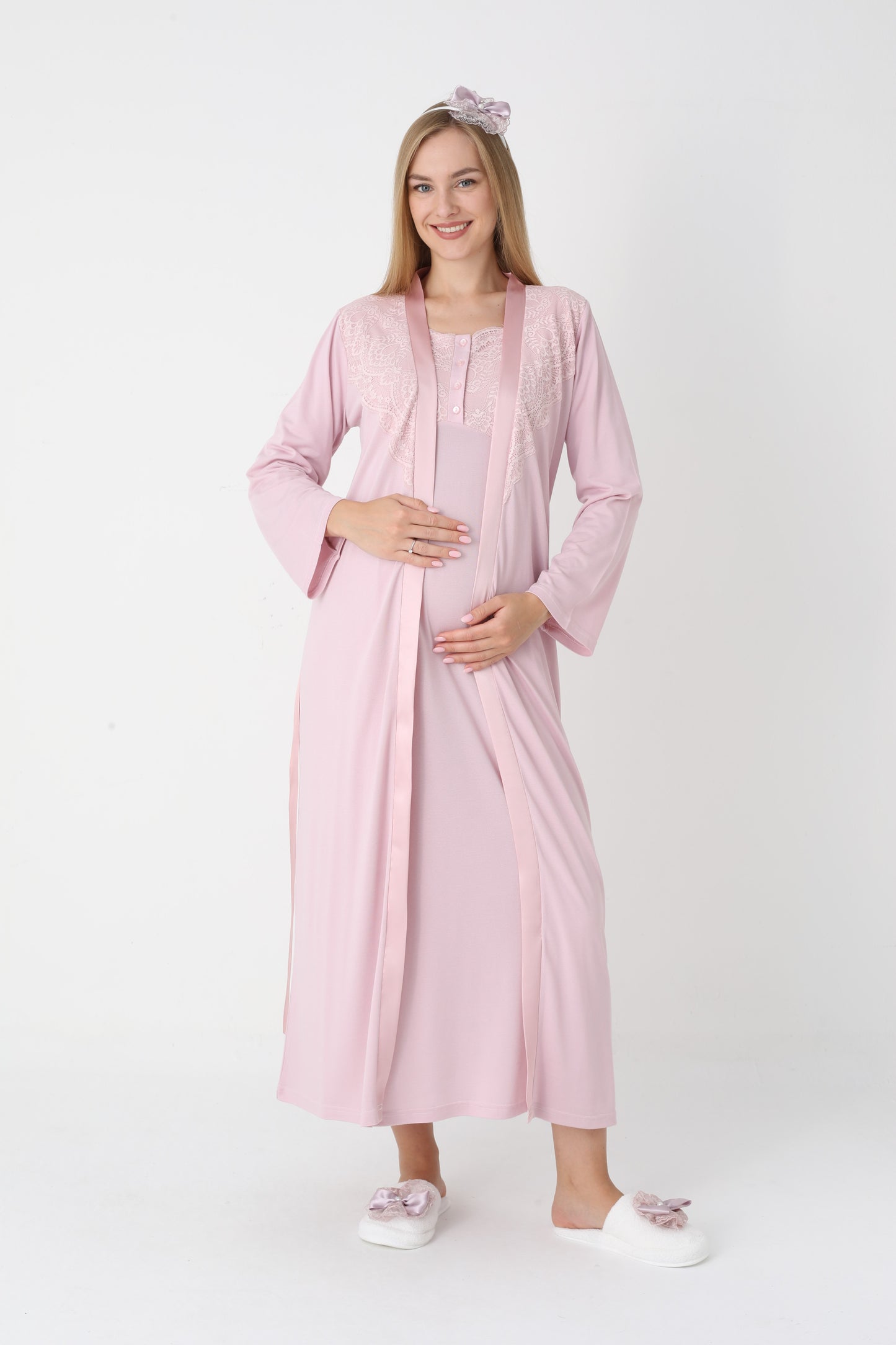 Uzun Kollu Dantel Detaylı Önden Düğmeli Sabahlıklı Lohusa Hamile Gecelik -2302
