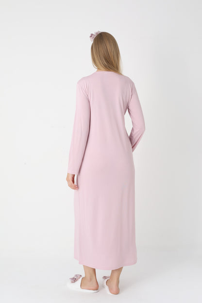 Uzun Kollu Dantel Detaylı Önden Düğmeli Sabahlıklı Lohusa Hamile Gecelik -2302