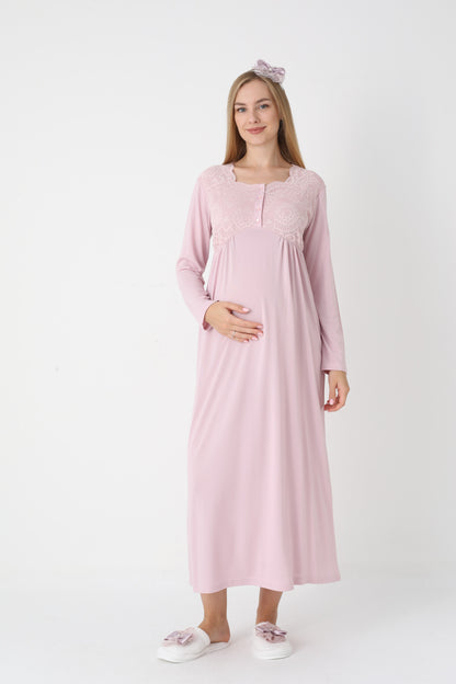 Uzun Kollu Dantel Detaylı Önden Düğmeli Sabahlıklı Lohusa Hamile Gecelik -2302