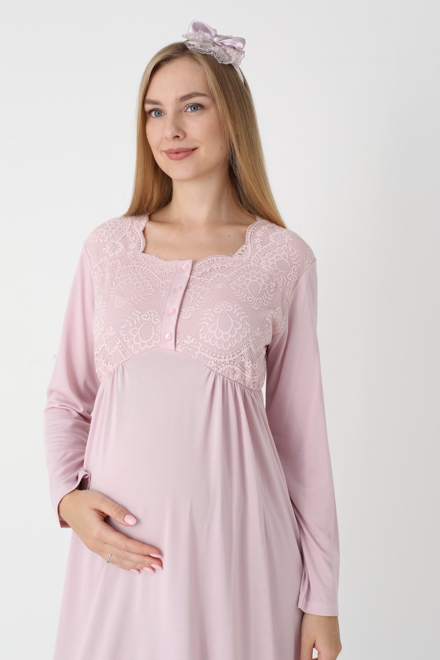 Uzun Kollu Dantel Detaylı Önden Düğmeli Sabahlıklı Lohusa Hamile Gecelik -2302