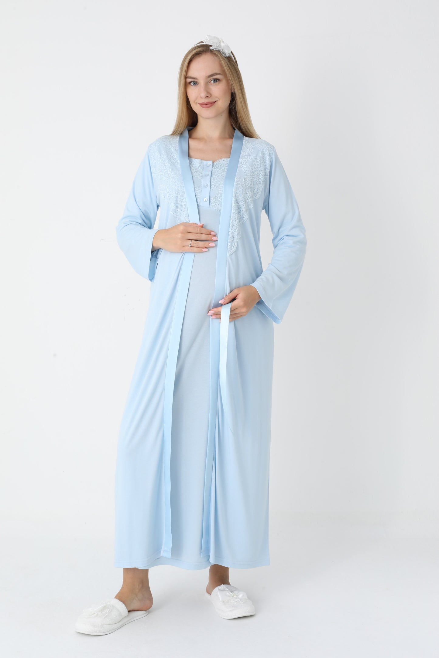 Uzun Kollu Dantel Detaylı Önden Düğmeli Sabahlıklı Lohusa Hamile Gecelik -2302