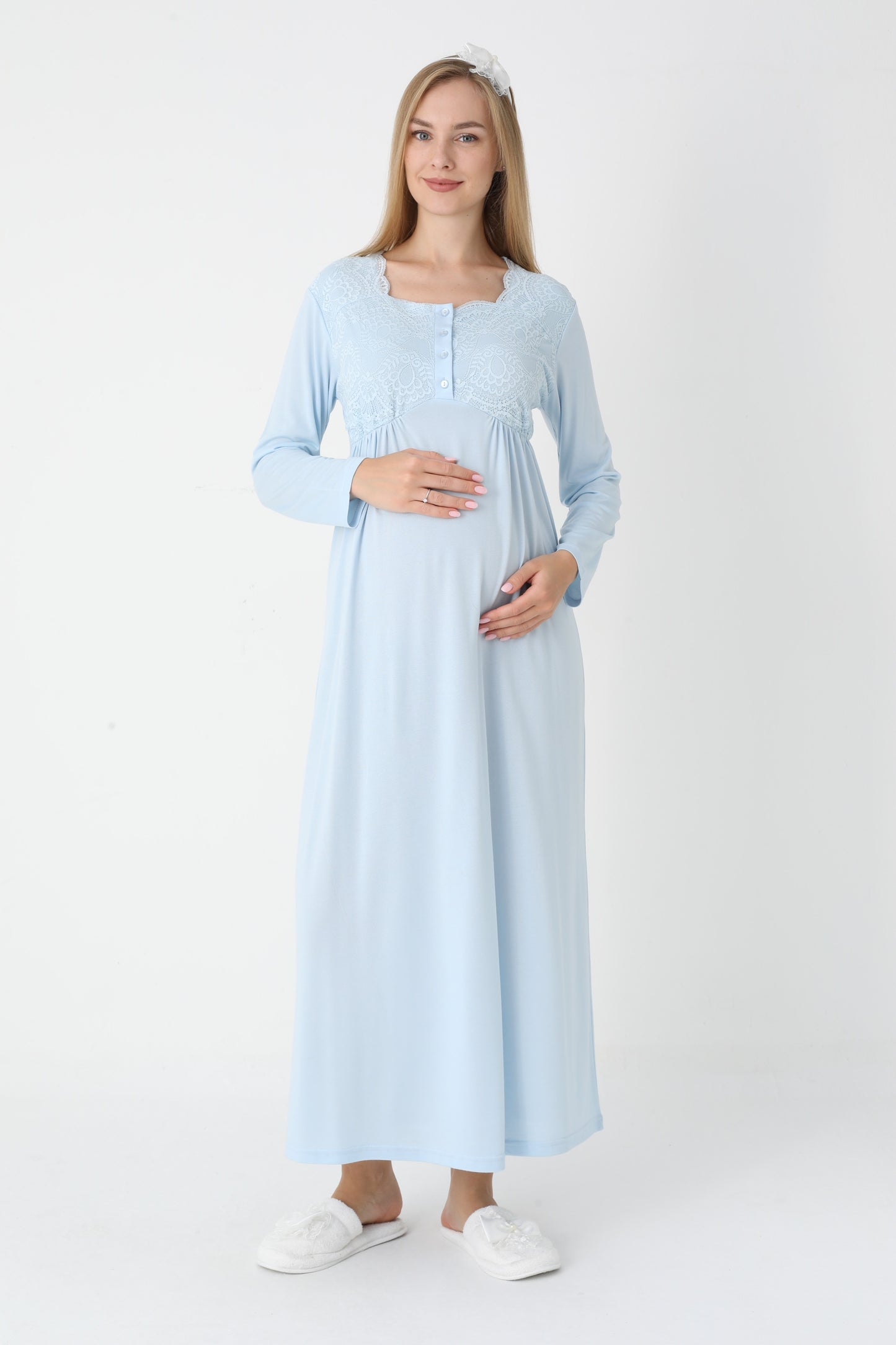 Uzun Kollu Dantel Detaylı Önden Düğmeli Sabahlıklı Lohusa Hamile Gecelik -2302