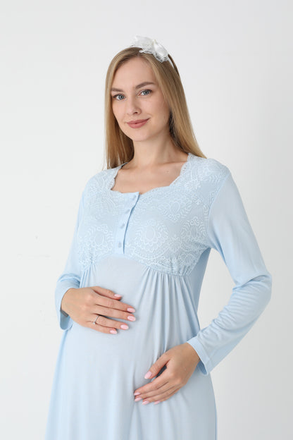 Uzun Kollu Dantel Detaylı Önden Düğmeli Sabahlıklı Lohusa Hamile Gecelik -2302
