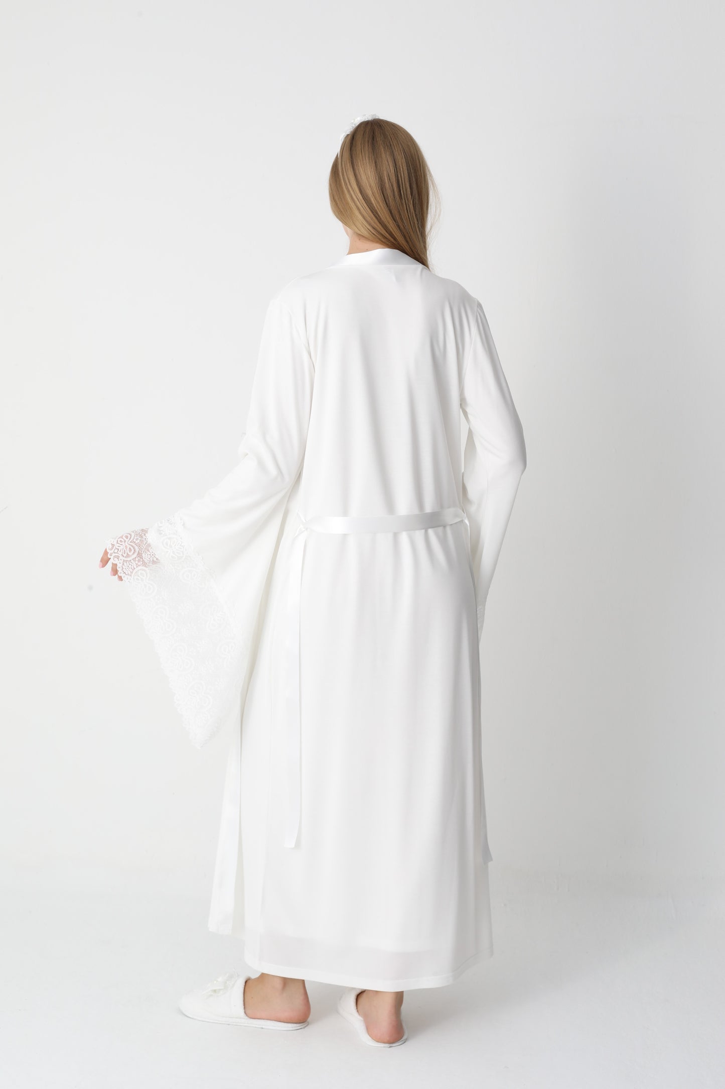 Uzun Kollu Dantel Detaylı Önden Düğmeli Sabahlıklı Lohusa Hamile Gecelik -2303