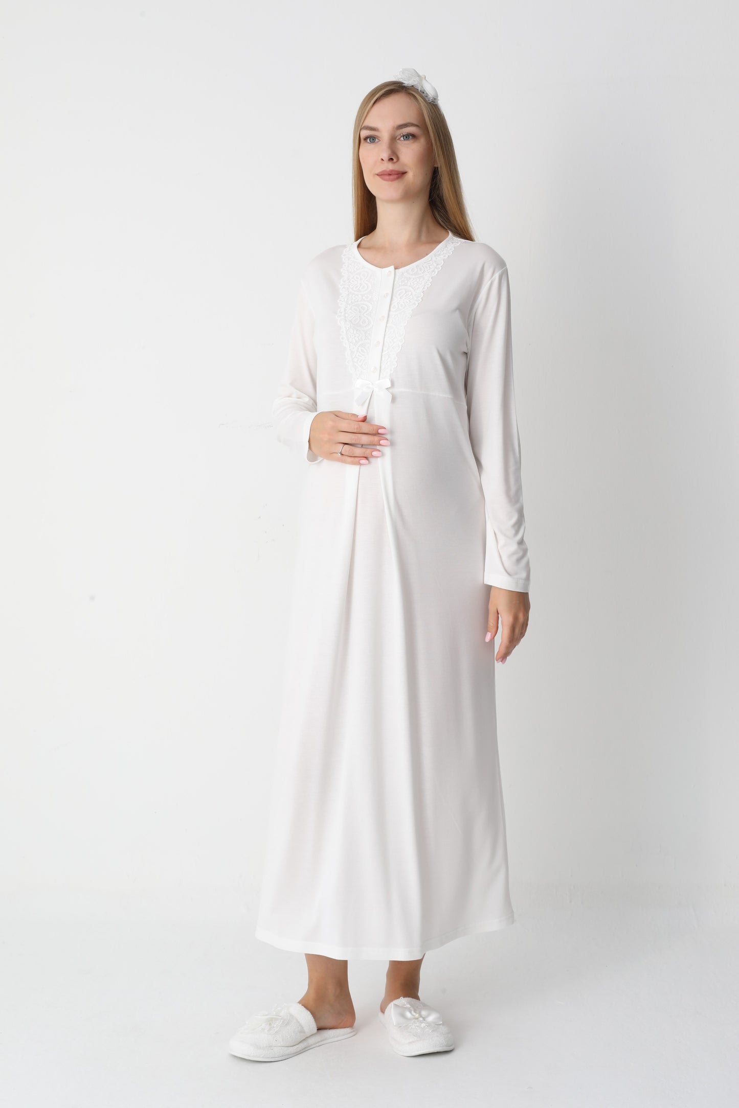 Uzun Kollu Dantel Detaylı Önden Düğmeli Sabahlıklı Lohusa Hamile Gecelik -2303