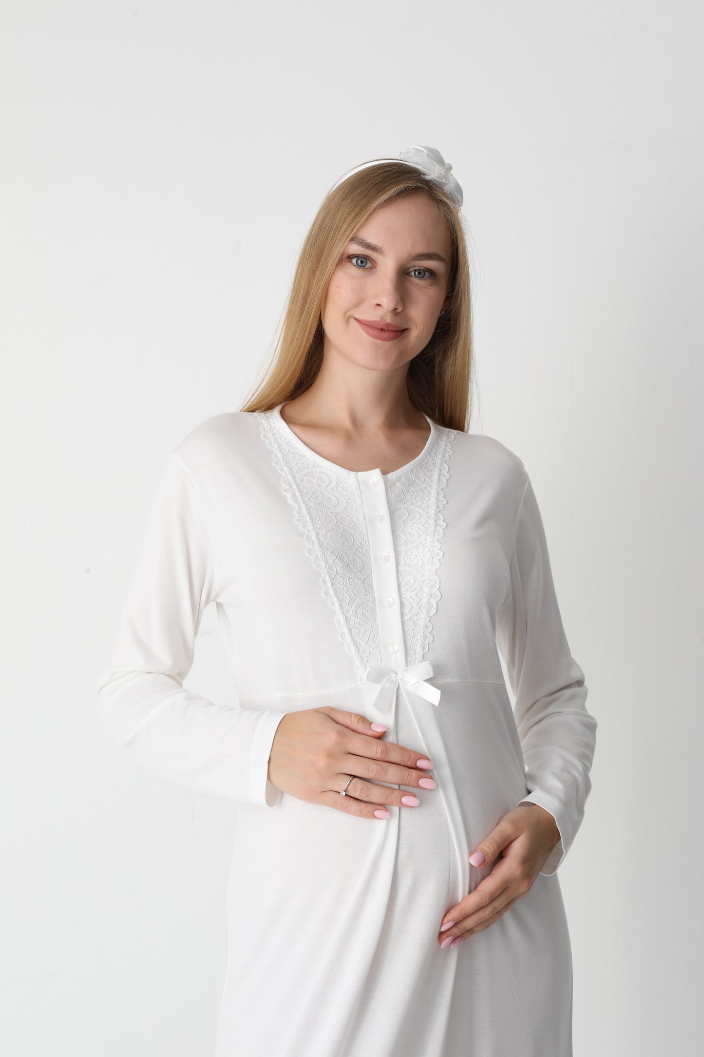 Uzun Kollu Dantel Detaylı Önden Düğmeli Sabahlıklı Lohusa Hamile Gecelik -2303