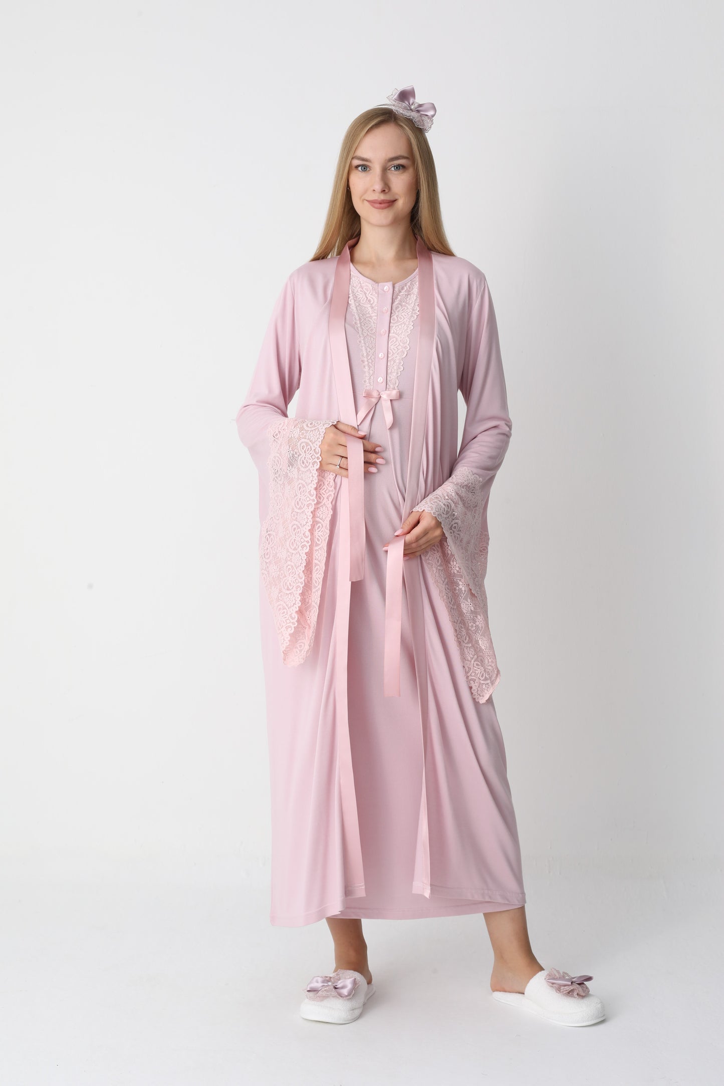 Uzun Kollu Dantel Detaylı Önden Düğmeli Sabahlıklı Lohusa Hamile Gecelik -2303
