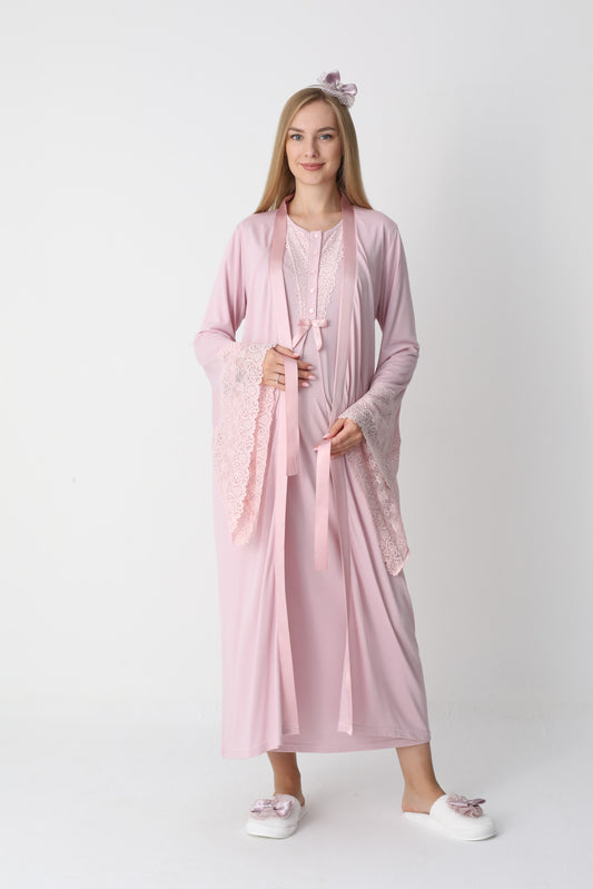 Uzun Kollu Dantel Detaylı Önden Düğmeli Sabahlıklı Lohusa Hamile Gecelik -2303