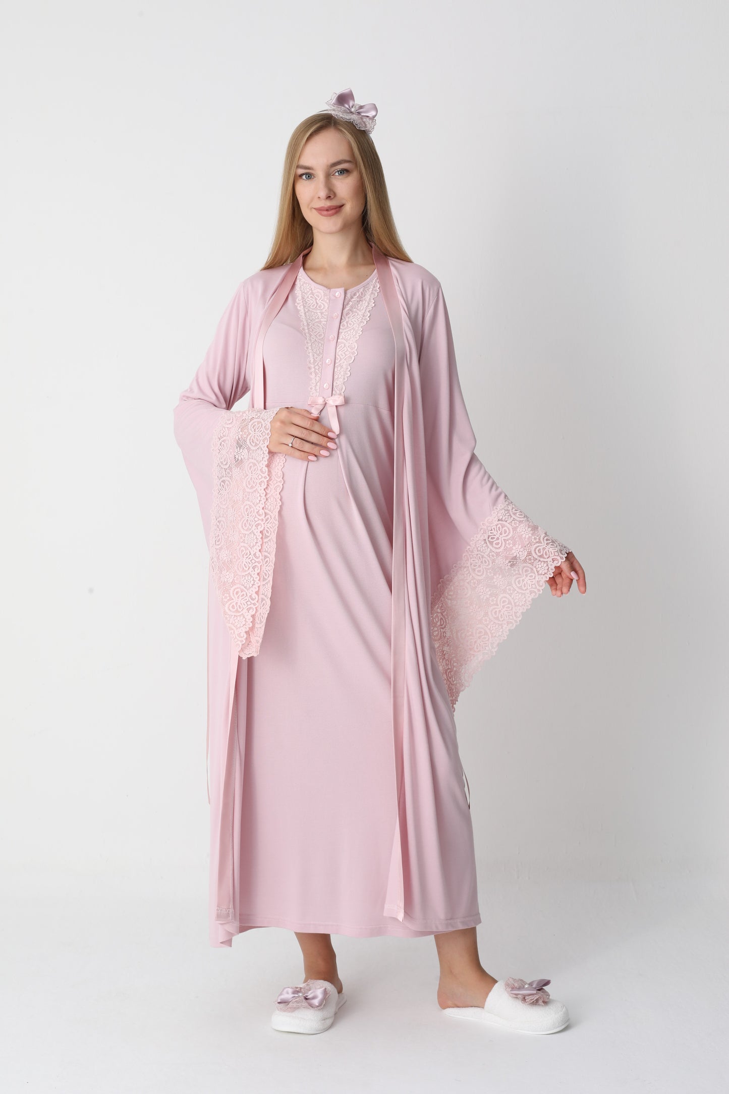 Uzun Kollu Dantel Detaylı Önden Düğmeli Sabahlıklı Lohusa Hamile Gecelik -2303