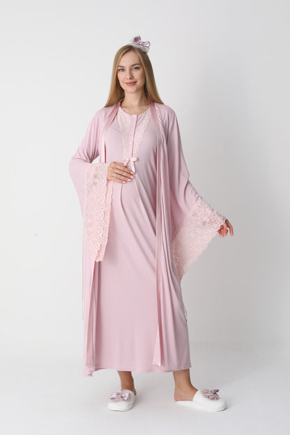 Uzun Kollu Dantel Detaylı Önden Düğmeli Sabahlıklı Lohusa Hamile Gecelik -2303