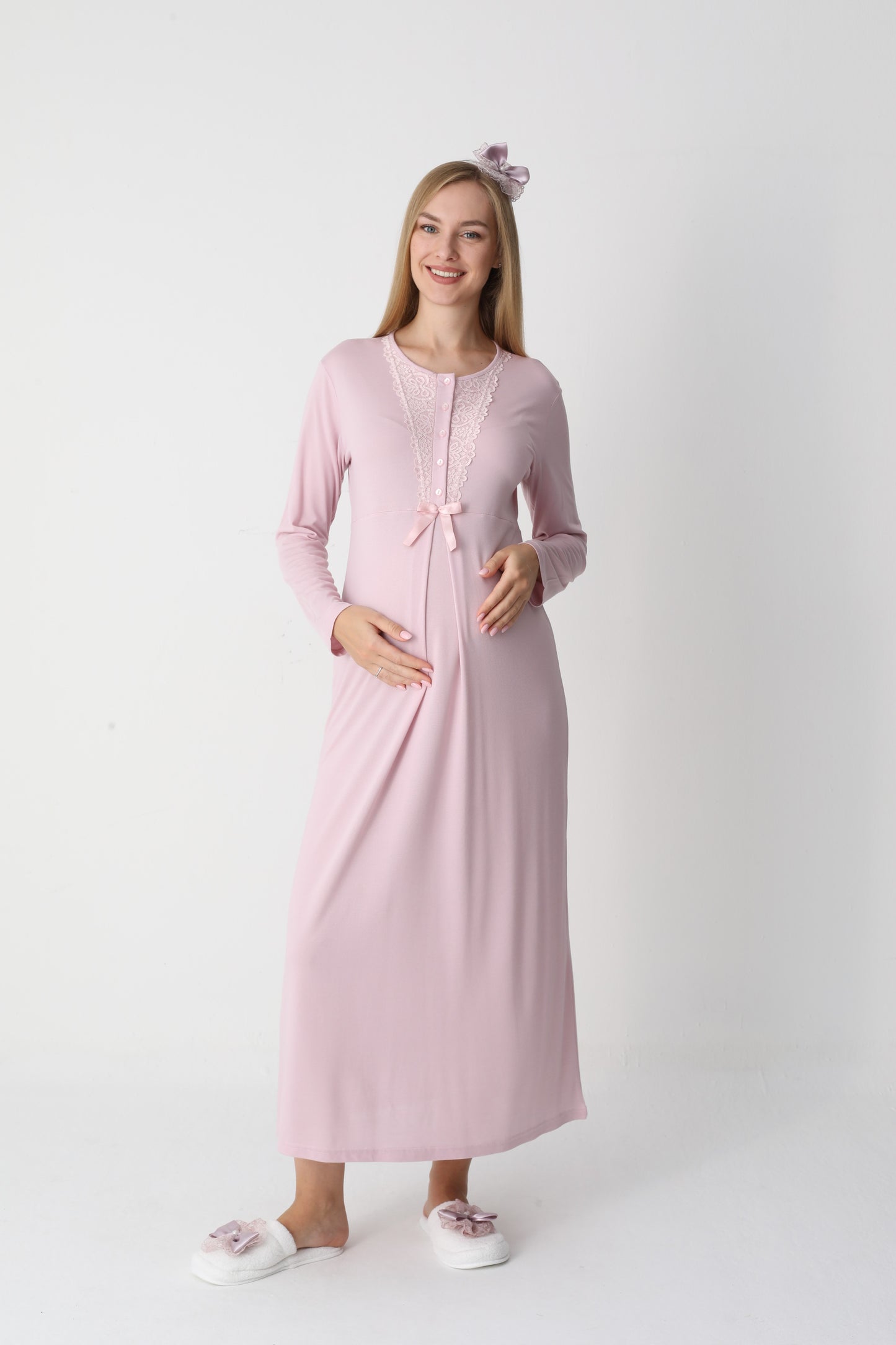 Uzun Kollu Dantel Detaylı Önden Düğmeli Sabahlıklı Lohusa Hamile Gecelik -2303