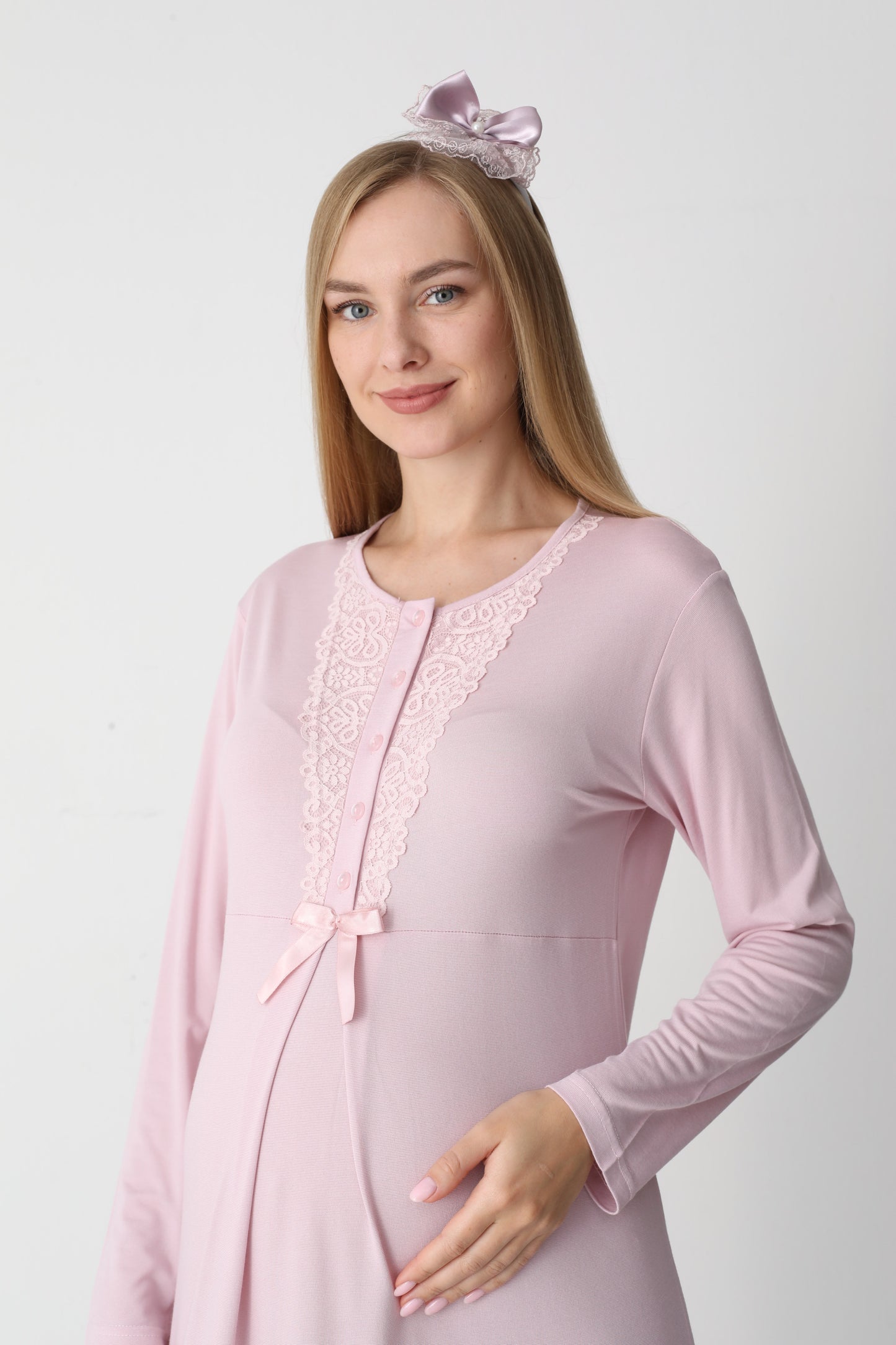 Uzun Kollu Dantel Detaylı Önden Düğmeli Sabahlıklı Lohusa Hamile Gecelik -2303