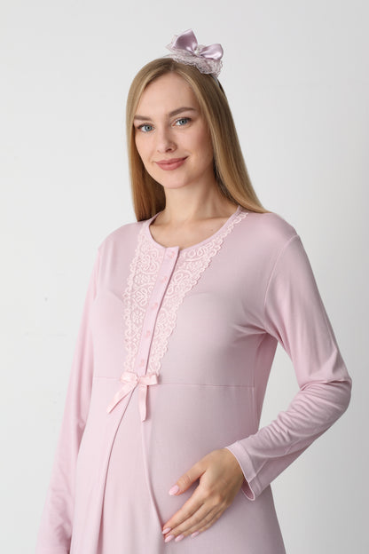 Uzun Kollu Dantel Detaylı Önden Düğmeli Sabahlıklı Lohusa Hamile Gecelik -2303