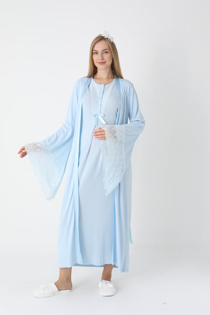 Uzun Kollu Dantel Detaylı Önden Düğmeli Sabahlıklı Lohusa Hamile Gecelik -2303