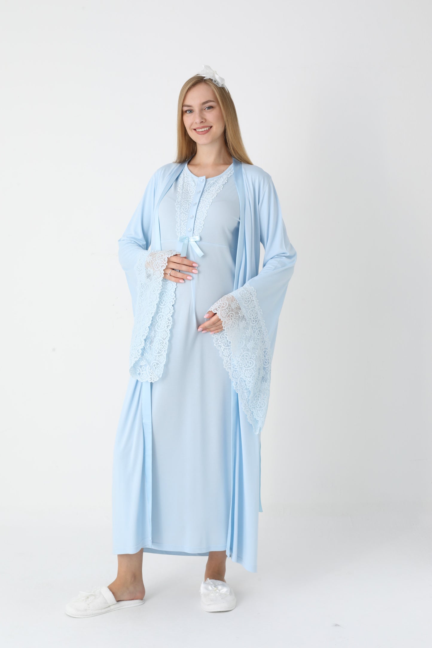 Uzun Kollu Dantel Detaylı Önden Düğmeli Sabahlıklı Lohusa Hamile Gecelik -2303