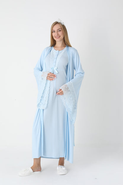 Uzun Kollu Dantel Detaylı Önden Düğmeli Sabahlıklı Lohusa Hamile Gecelik -2303