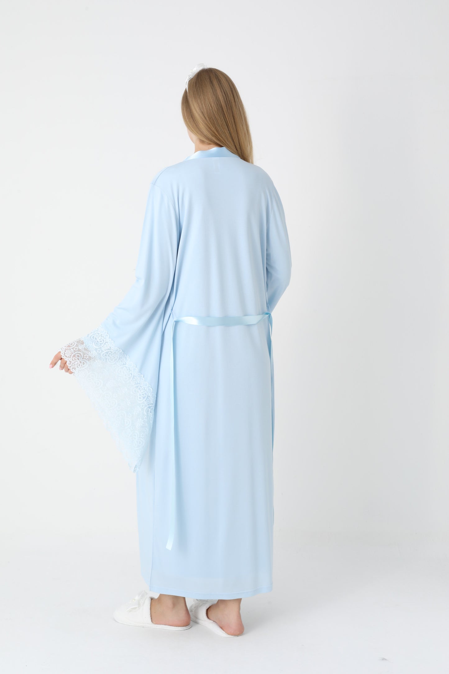 Uzun Kollu Dantel Detaylı Önden Düğmeli Sabahlıklı Lohusa Hamile Gecelik -2303