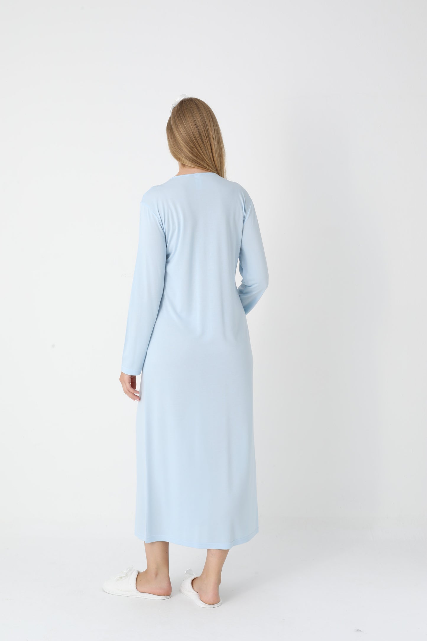 Uzun Kollu Dantel Detaylı Önden Düğmeli Sabahlıklı Lohusa Hamile Gecelik -2303