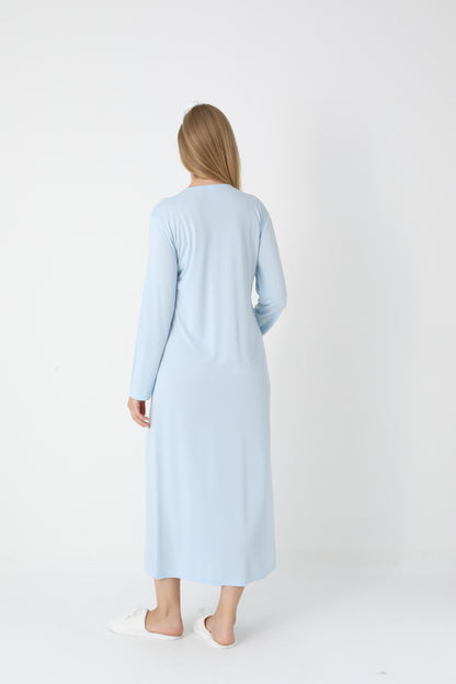 Uzun Kollu Dantel Detaylı Önden Düğmeli Sabahlıklı Lohusa Hamile Gecelik -2303