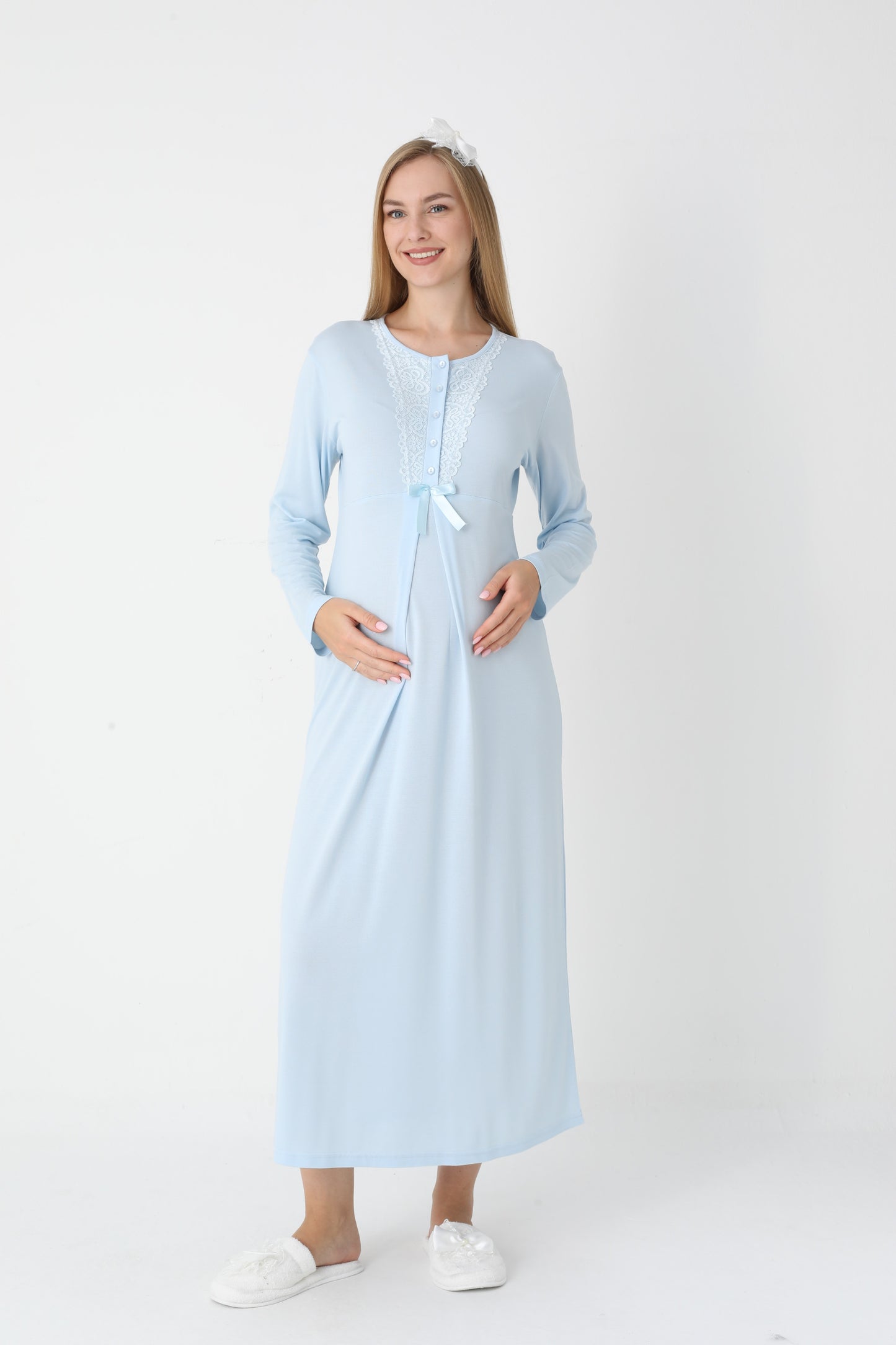 Uzun Kollu Dantel Detaylı Önden Düğmeli Sabahlıklı Lohusa Hamile Gecelik -2303