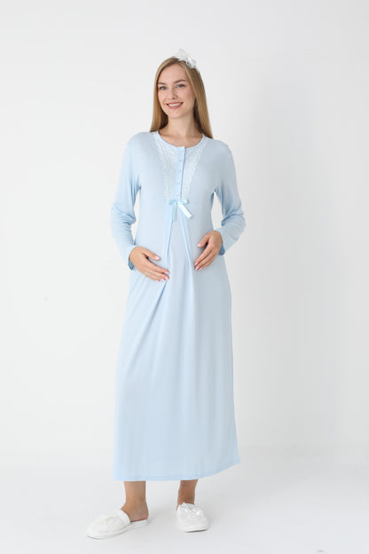 Uzun Kollu Dantel Detaylı Önden Düğmeli Sabahlıklı Lohusa Hamile Gecelik -2303
