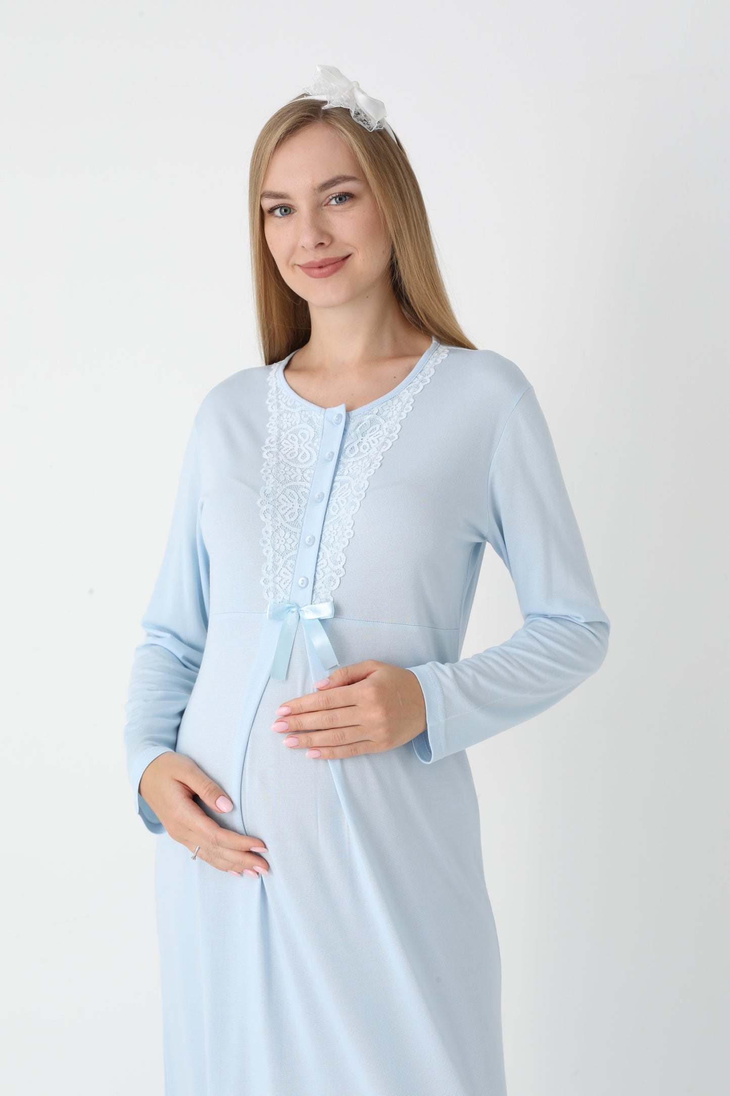 Uzun Kollu Dantel Detaylı Önden Düğmeli Sabahlıklı Lohusa Hamile Gecelik -2303