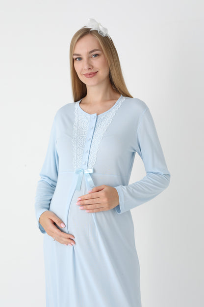 Uzun Kollu Dantel Detaylı Önden Düğmeli Sabahlıklı Lohusa Hamile Gecelik -2303