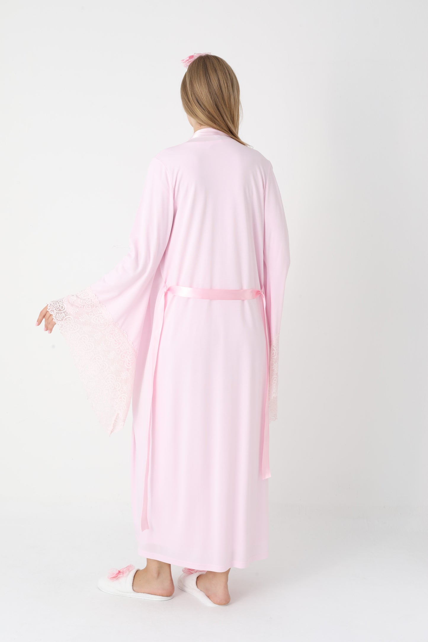 Uzun Kollu Dantel Detaylı Önden Düğmeli Sabahlıklı Lohusa Hamile Gecelik -2303