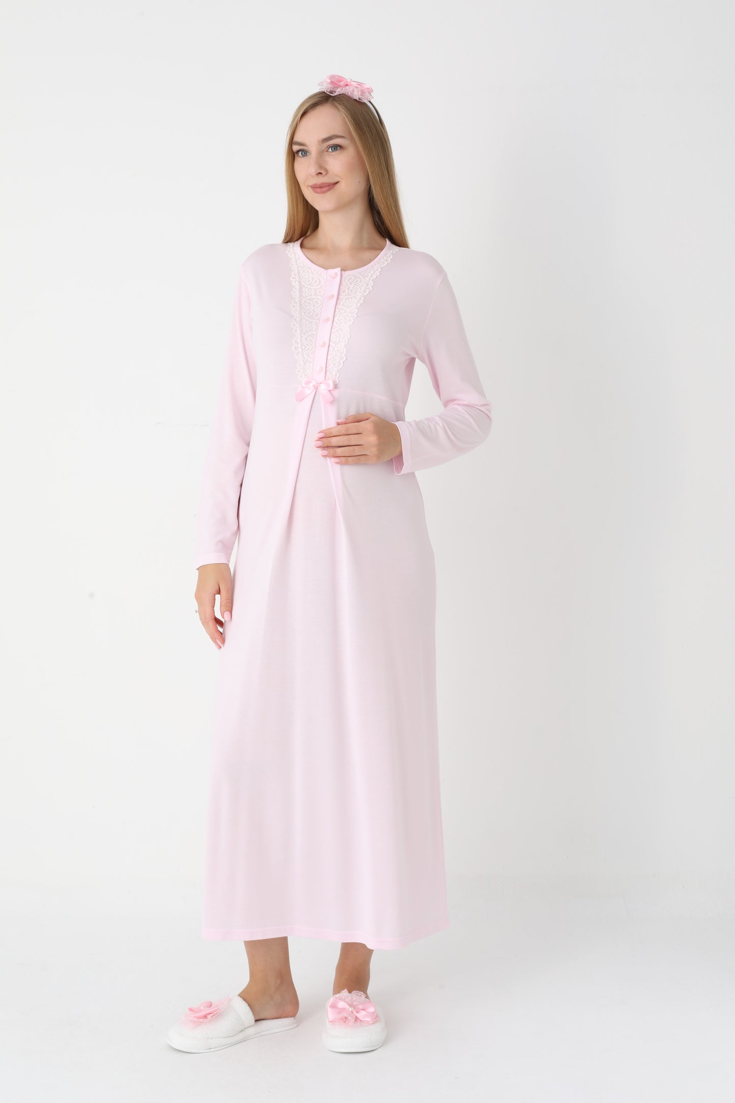 Uzun Kollu Dantel Detaylı Önden Düğmeli Sabahlıklı Lohusa Hamile Gecelik -2303