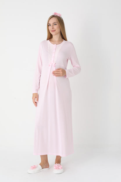 Uzun Kollu Dantel Detaylı Önden Düğmeli Sabahlıklı Lohusa Hamile Gecelik -2303