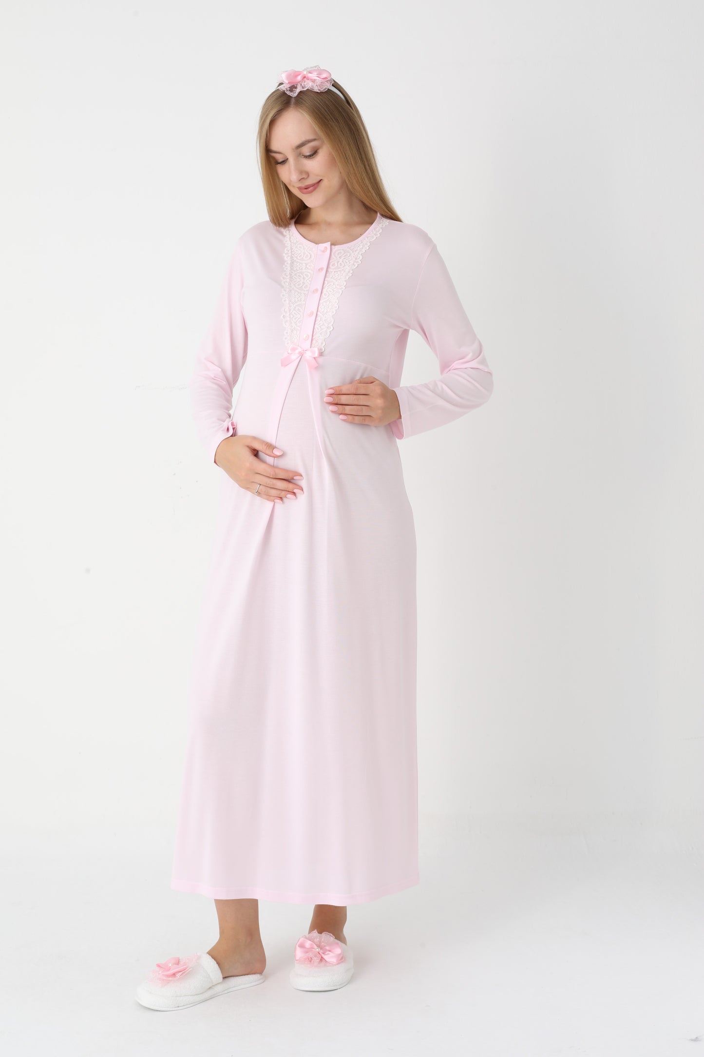 Uzun Kollu Dantel Detaylı Önden Düğmeli Sabahlıklı Lohusa Hamile Gecelik -2303