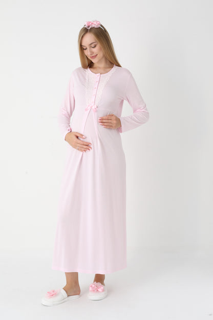 Uzun Kollu Dantel Detaylı Önden Düğmeli Sabahlıklı Lohusa Hamile Gecelik -2303