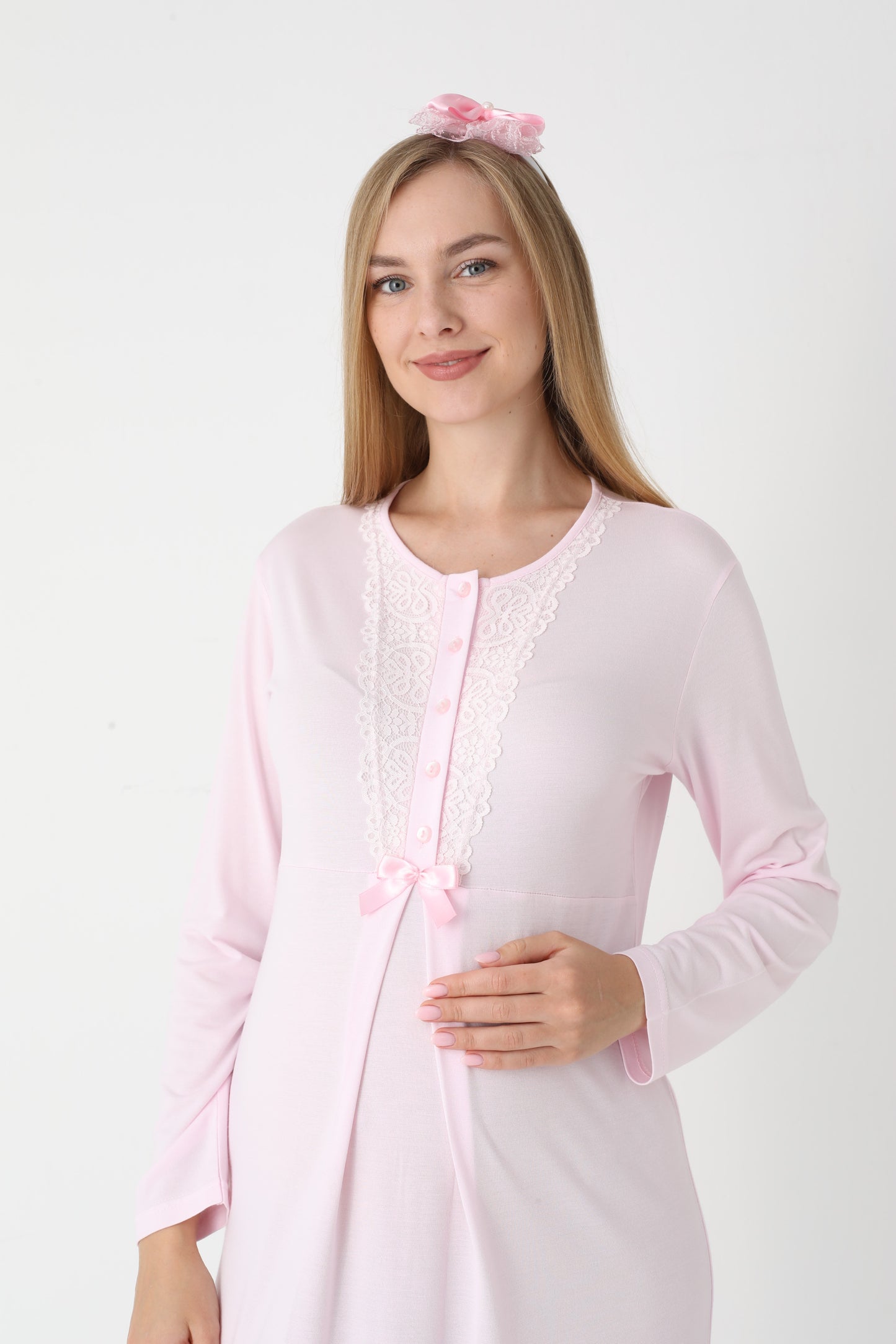 Uzun Kollu Dantel Detaylı Önden Düğmeli Sabahlıklı Lohusa Hamile Gecelik -2303