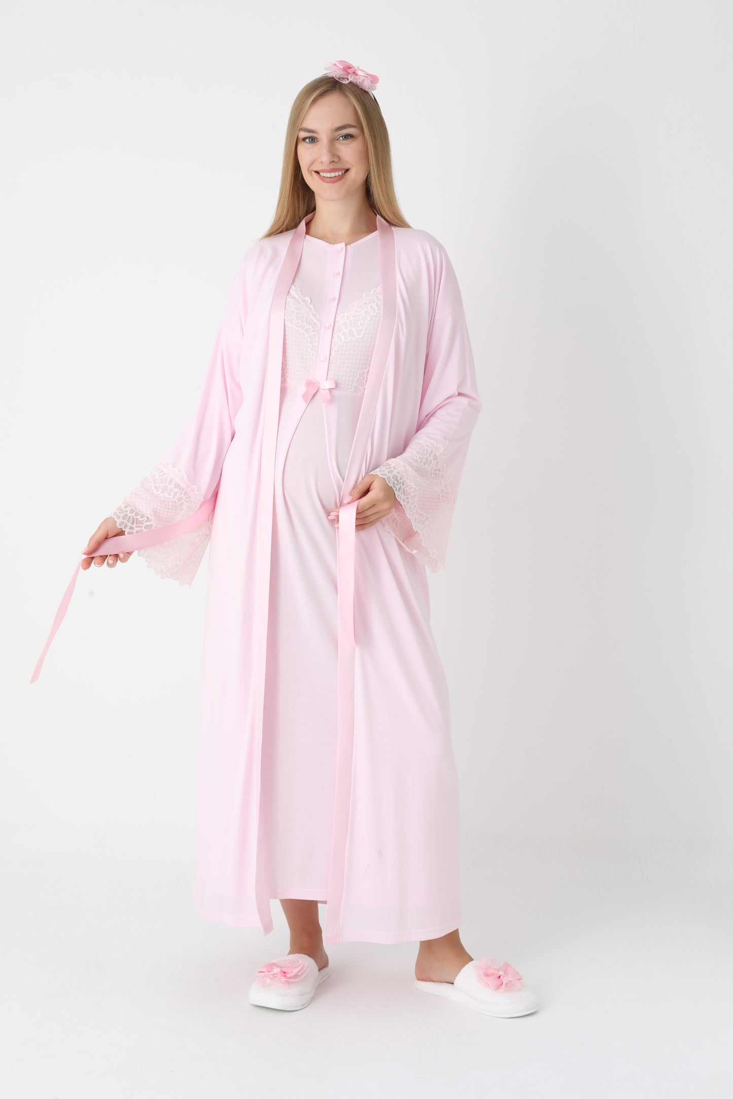 Uzun Kollu Dantel Detaylı Önden Düğmeli Sabahlıklı Lohusa Hamile Gecelik -2304