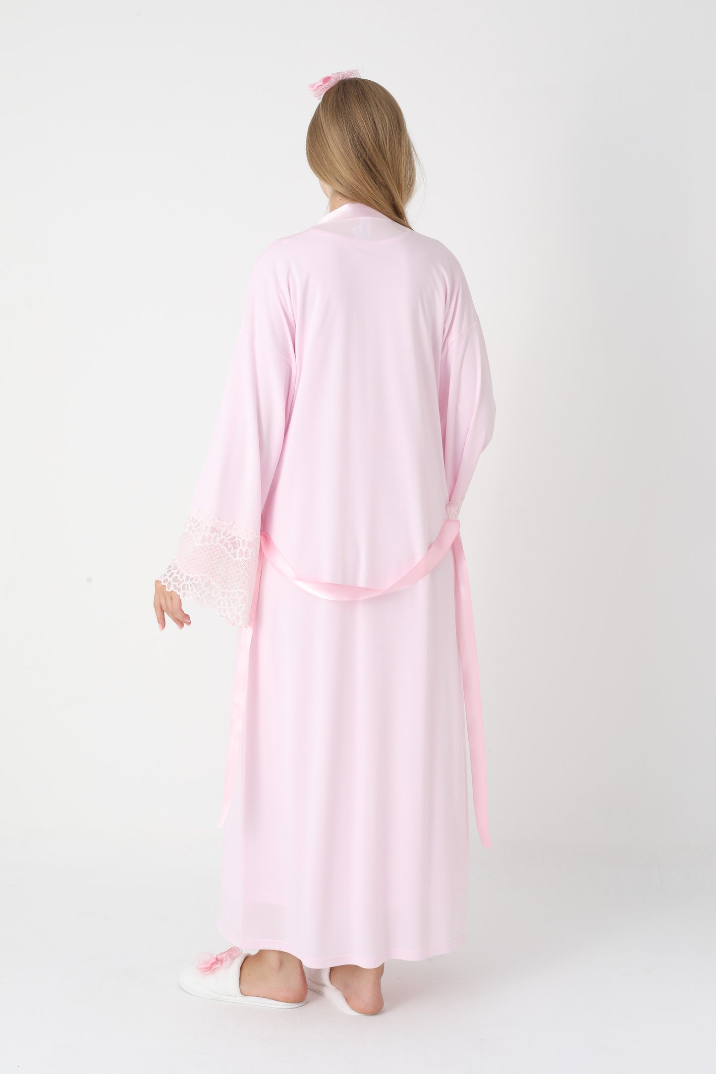 Uzun Kollu Dantel Detaylı Önden Düğmeli Sabahlıklı Lohusa Hamile Gecelik -2304