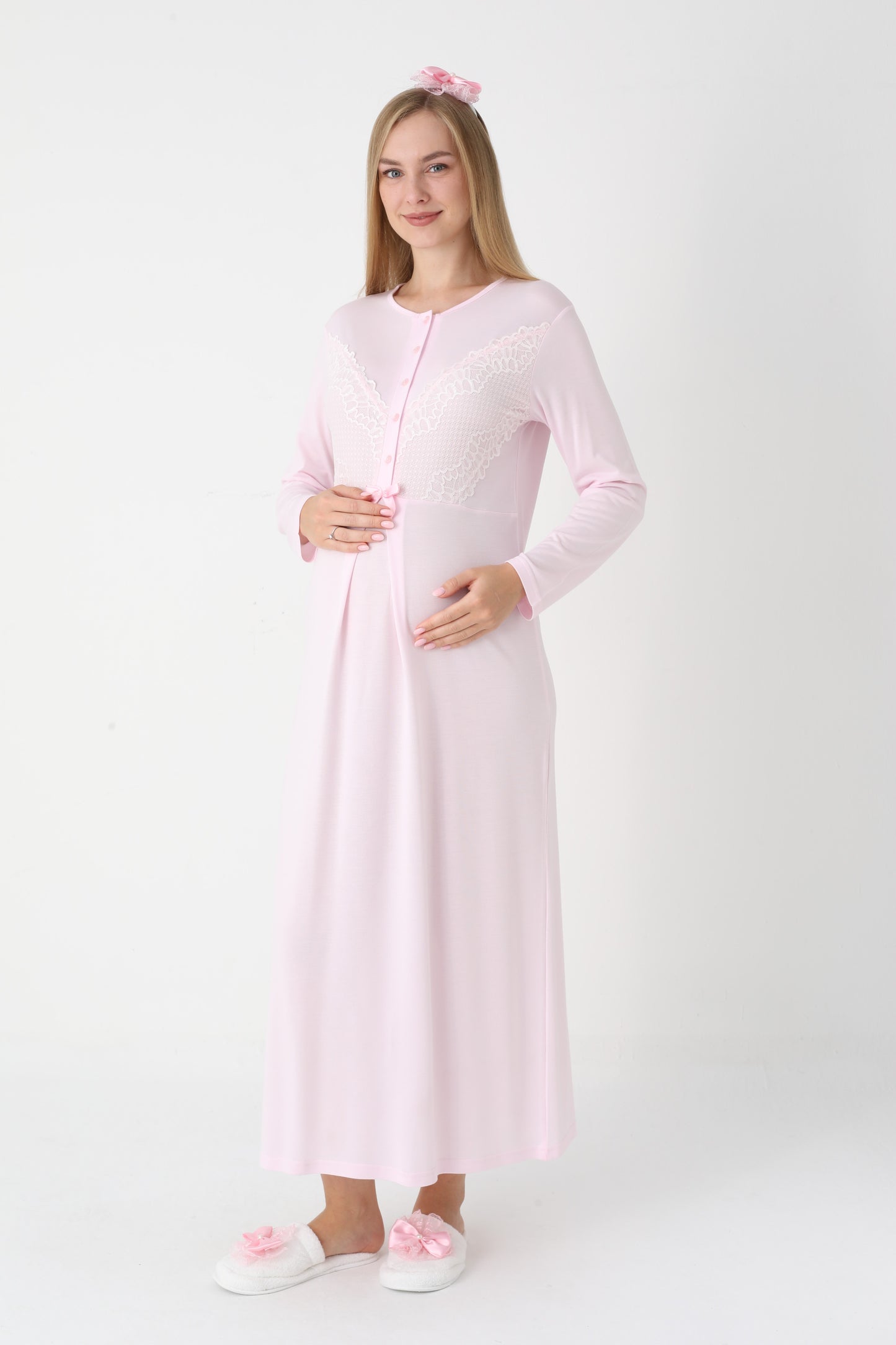 Uzun Kollu Dantel Detaylı Önden Düğmeli Sabahlıklı Lohusa Hamile Gecelik -2304