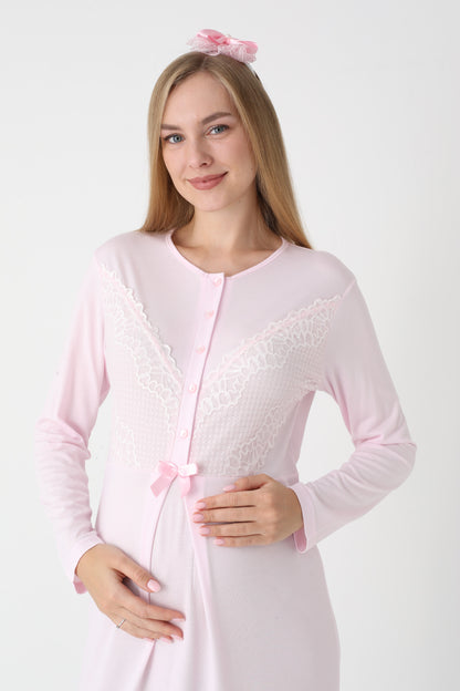 Uzun Kollu Dantel Detaylı Önden Düğmeli Sabahlıklı Lohusa Hamile Gecelik -2304
