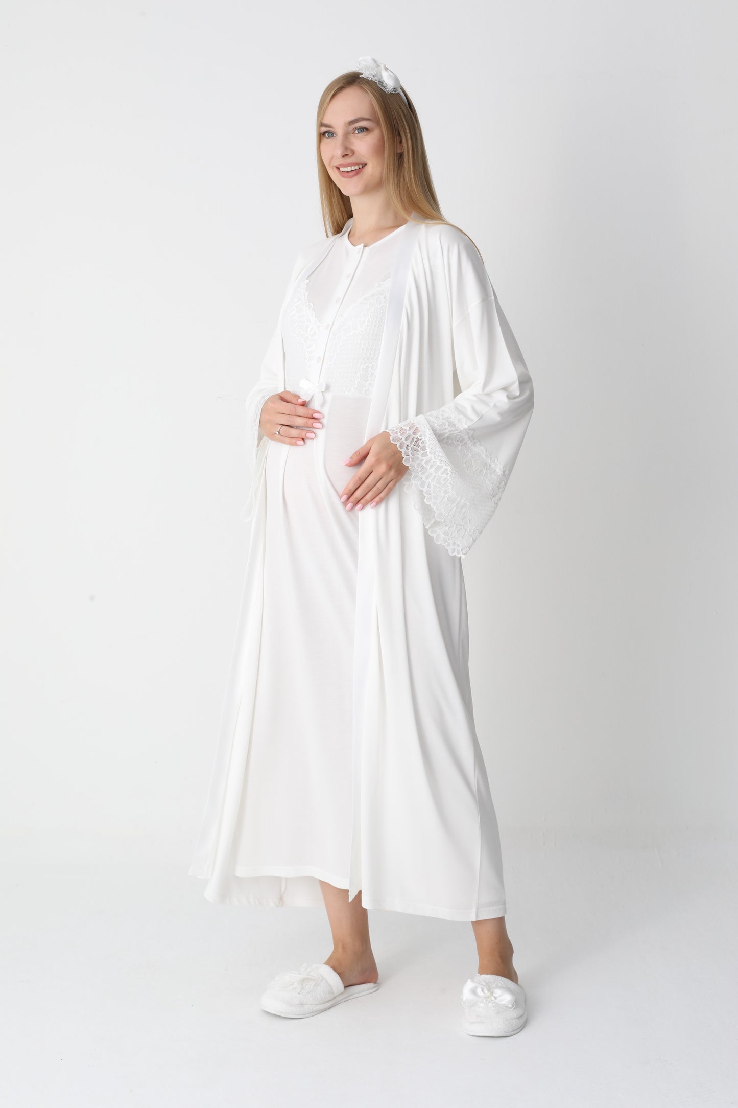 Uzun Kollu Dantel Detaylı Önden Düğmeli Sabahlıklı Lohusa Hamile Gecelik -2304